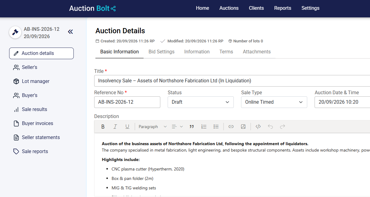 AuctionBolt Manager auction details screen