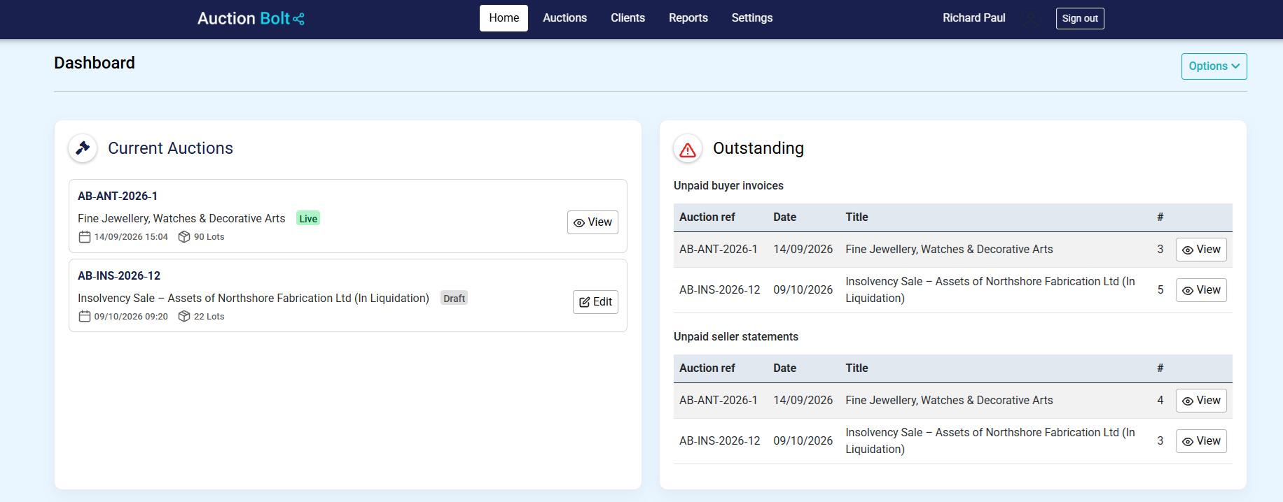 AuctionBolt Manager dashboard showing current auctions and outstanding invoices