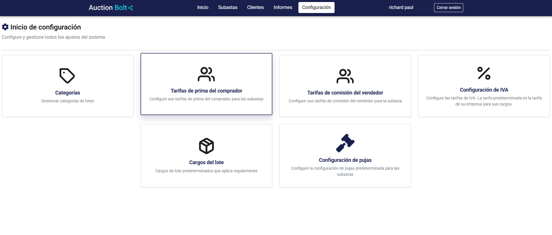 AuctionBolt Manager settings in Spanish